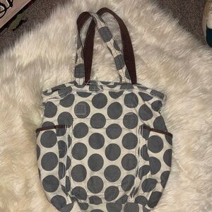 Thirty-One Gray Polka Dot Tote with Brown Handles